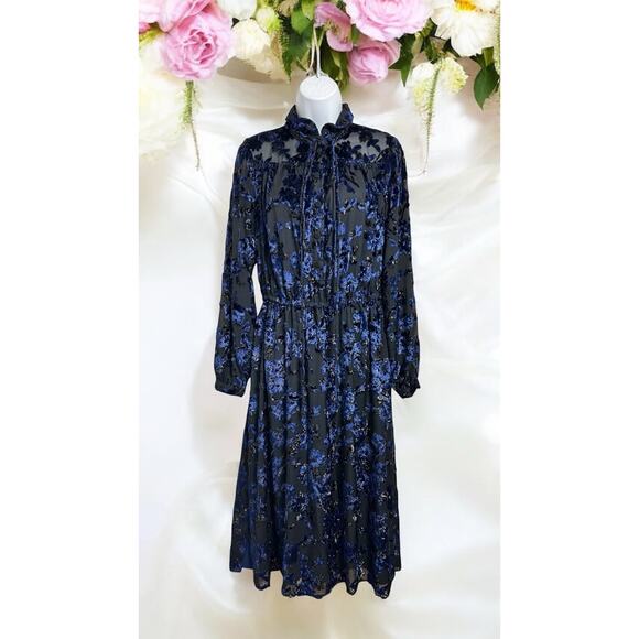 Adam Lippes Collective RTR Velvet Embroidered Black Navy Midi Dress Sz 6 Floral - Picture 2 of 13